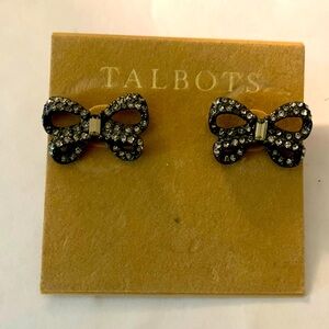 Talbots black evening earrings, bow ribbon rhinestones pierced